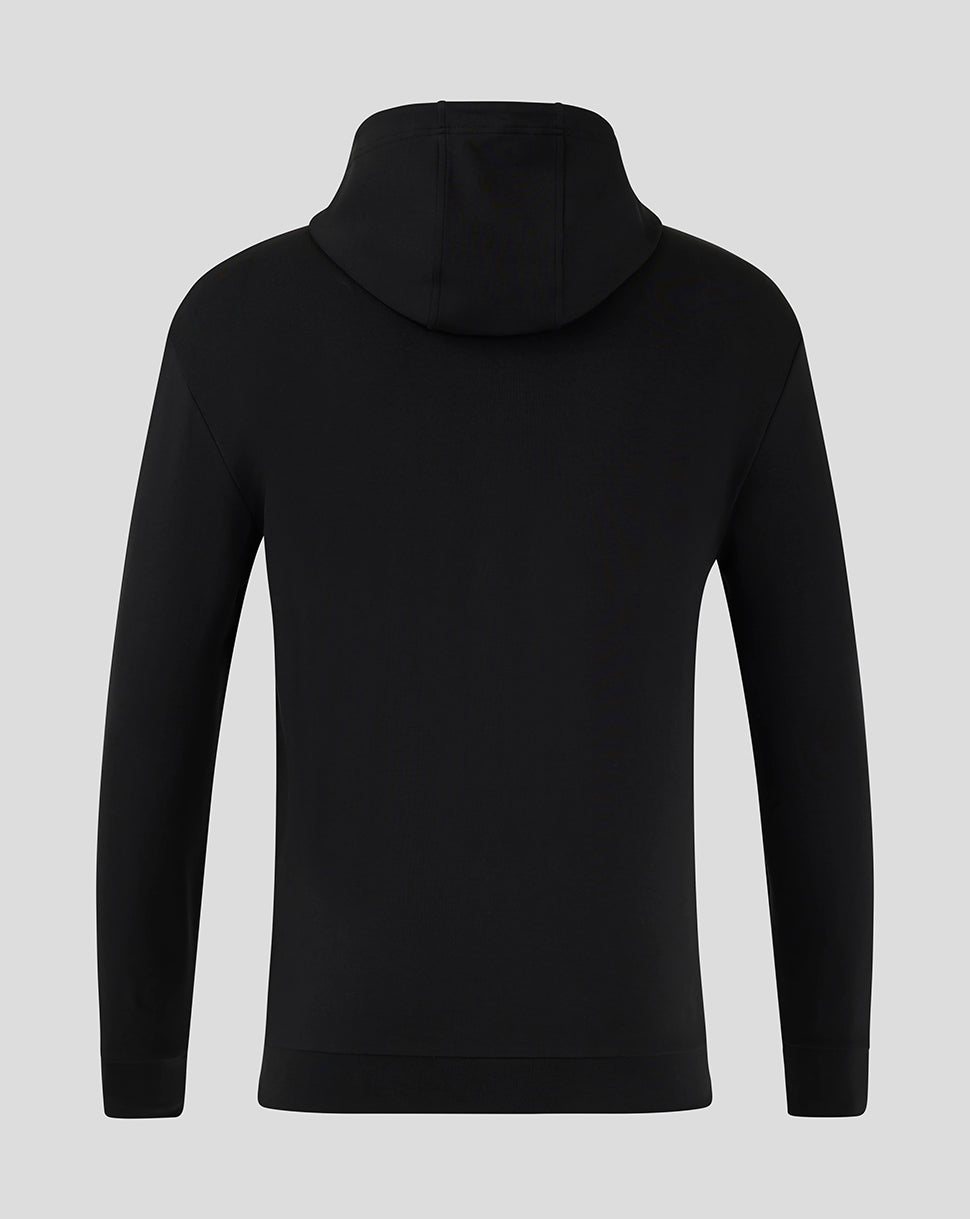 Back view of black Mansfield hooded travel jacket with hood folded at the neck.