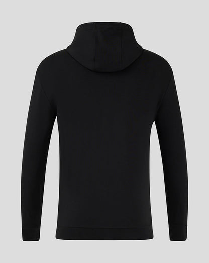 Back view of black Mansfield hooded travel jacket with hood folded at the neck.