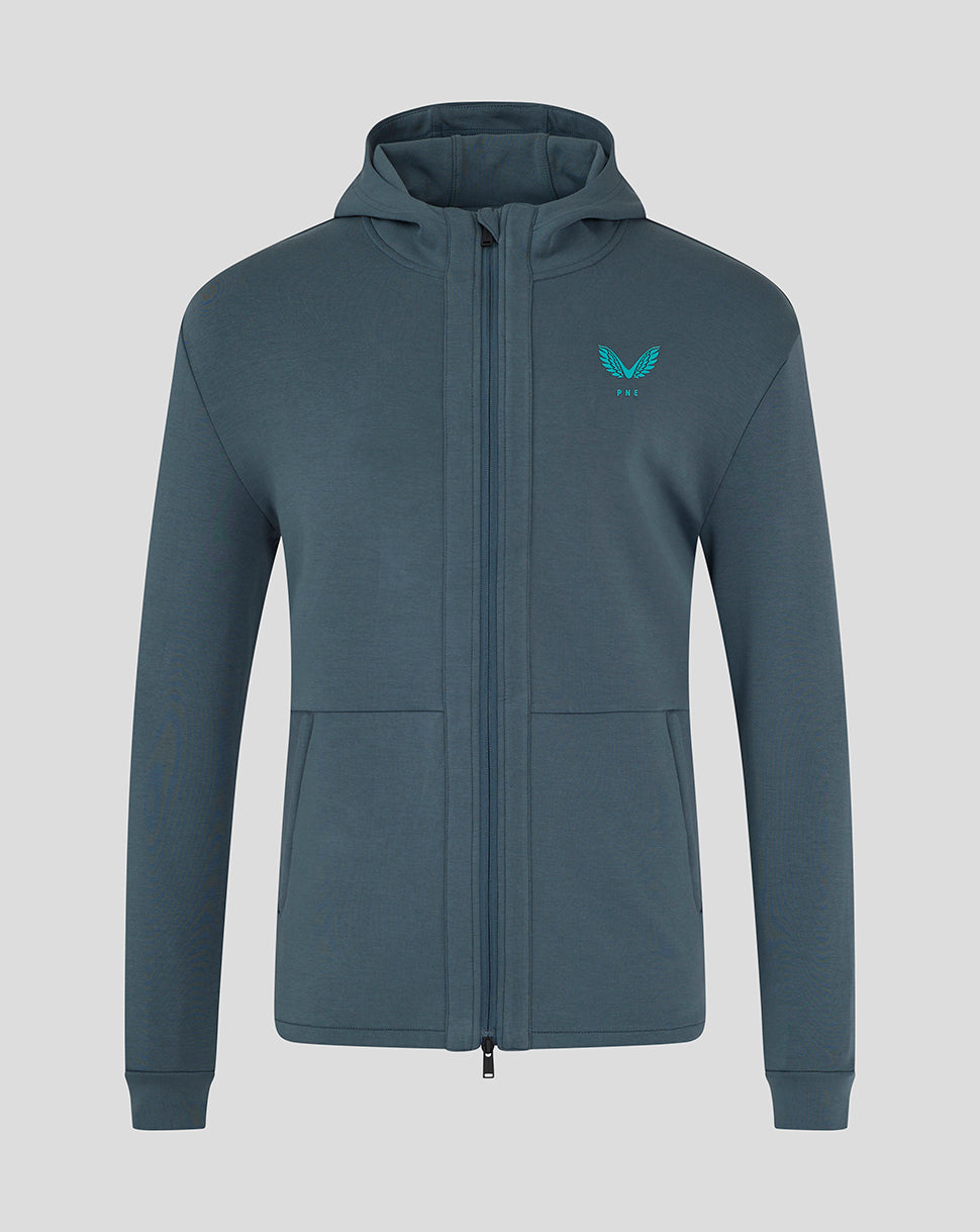 Front view of Preston NE Hooded Travel Jacket in blue with zip front and a left chest logo.