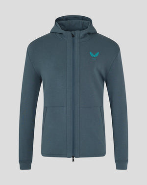 Front view of Preston NE Hooded Travel Jacket in blue with zip front and a left chest logo.