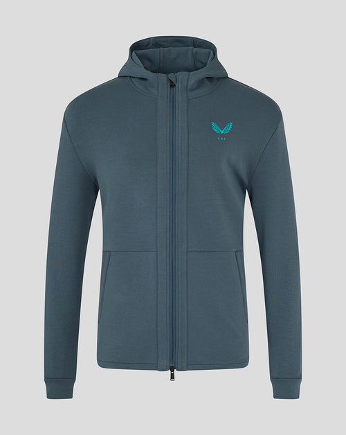 Front view of Preston NE Hooded Travel Jacket in blue with zip front and a left chest logo.