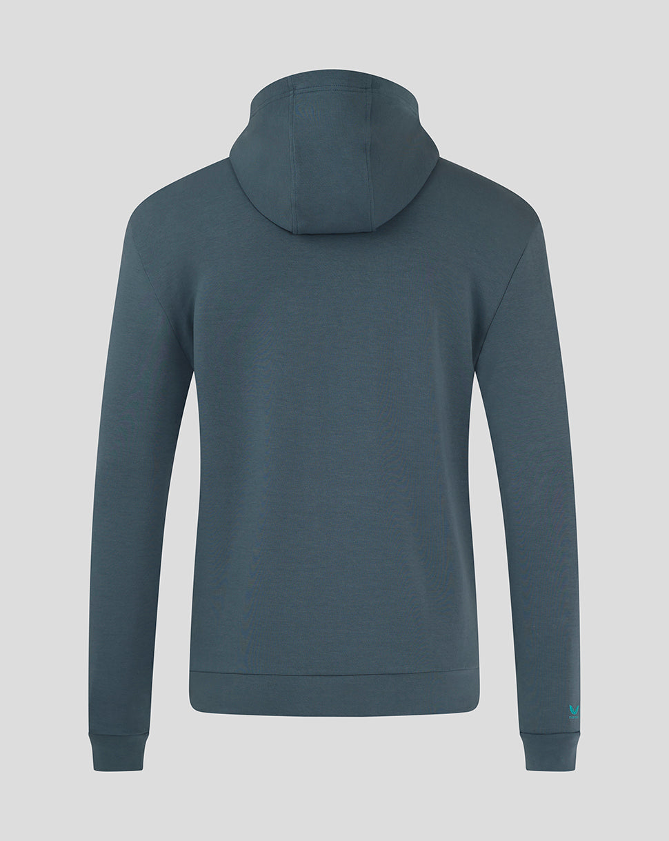 Back view of the blue Preston NE hooded travel jacket showing the large hood and clean paneling