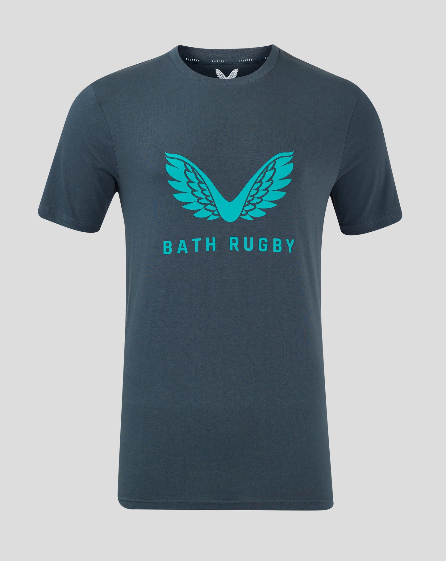 Junior Bath Rugby logo T-shirt in dark slate with viridian green wing on the chest, round neck and dropped hem.