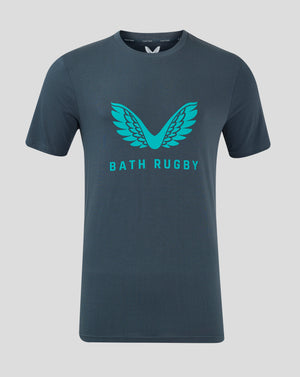 Junior Bath Rugby logo T-shirt in dark slate with viridian green wing on the chest, round neck and dropped hem.