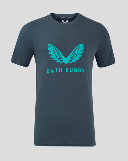 Junior Bath Rugby logo T-shirt in dark slate with viridian green wing on the chest, round neck and dropped hem.