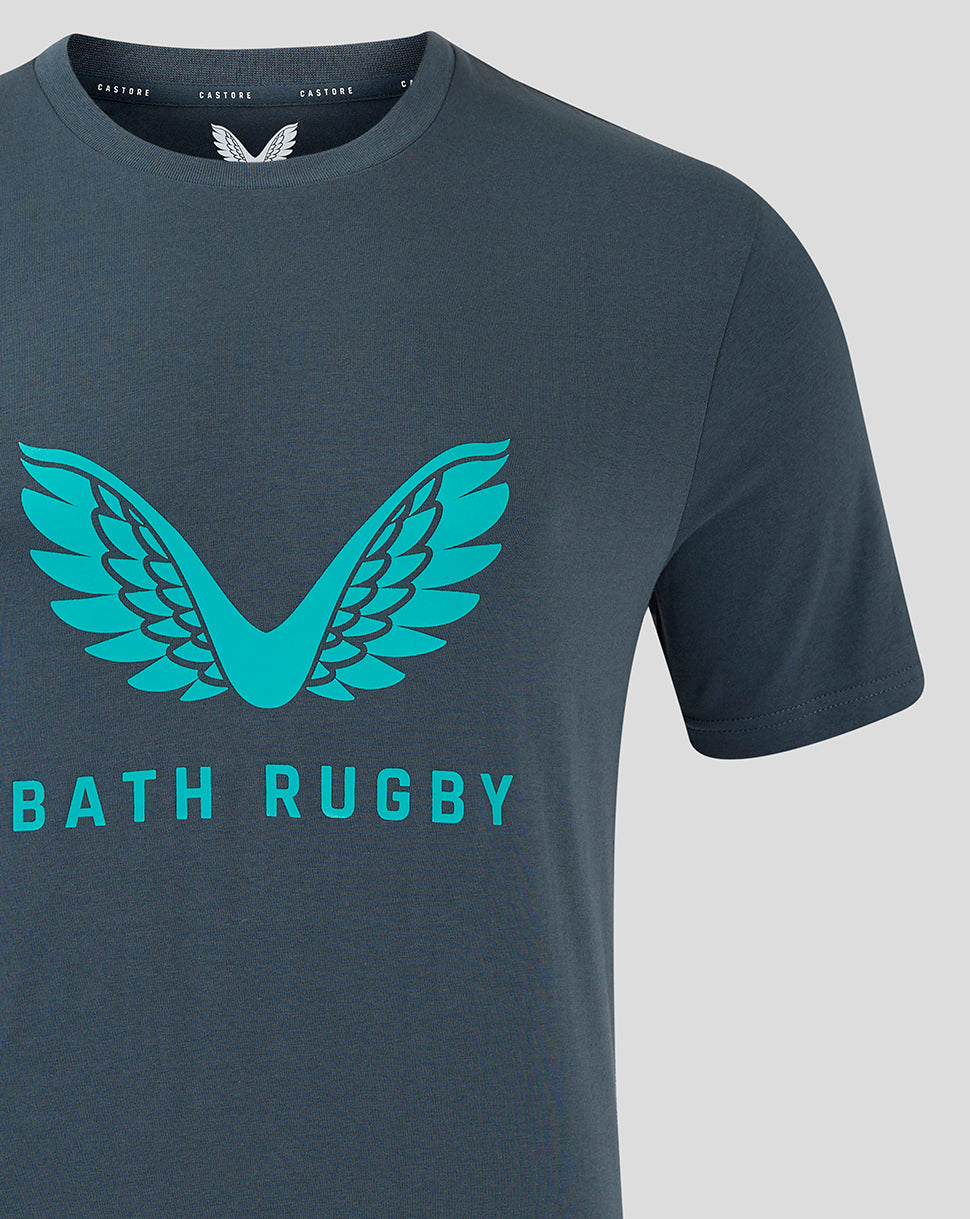 Dark slate Bath Rugby T shirt with a large teal wings logo across the chest and Bath Rugby text