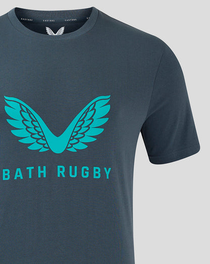 Dark slate Bath Rugby T shirt with a large teal wings logo across the chest and Bath Rugby text