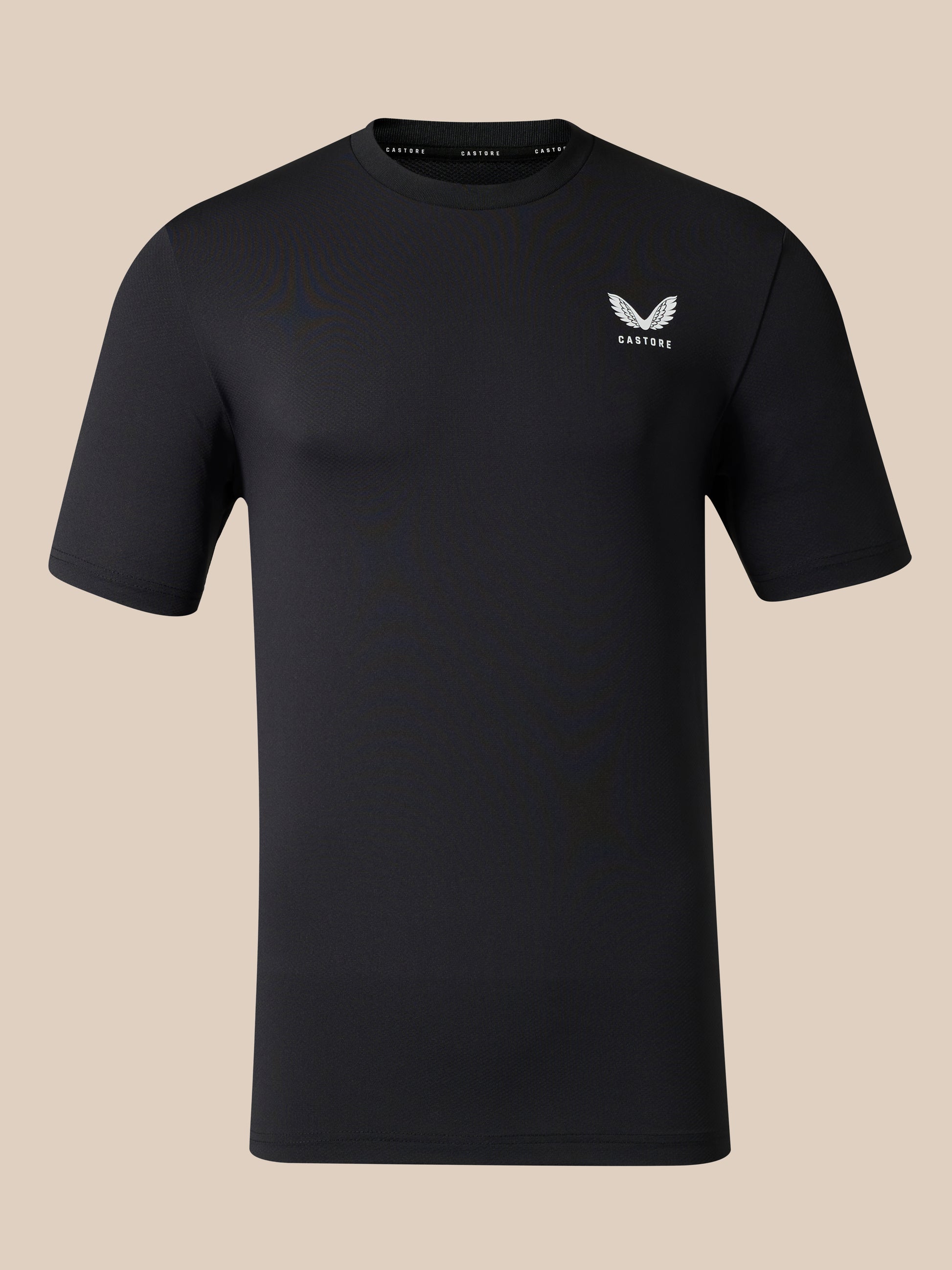 Black men's short sleeve T shirt with flat white Castore wing logo on the chest