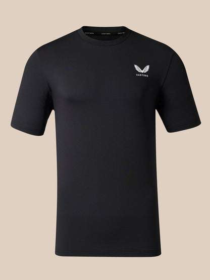 Black men's short sleeve T shirt with flat white Castore wing logo on the chest