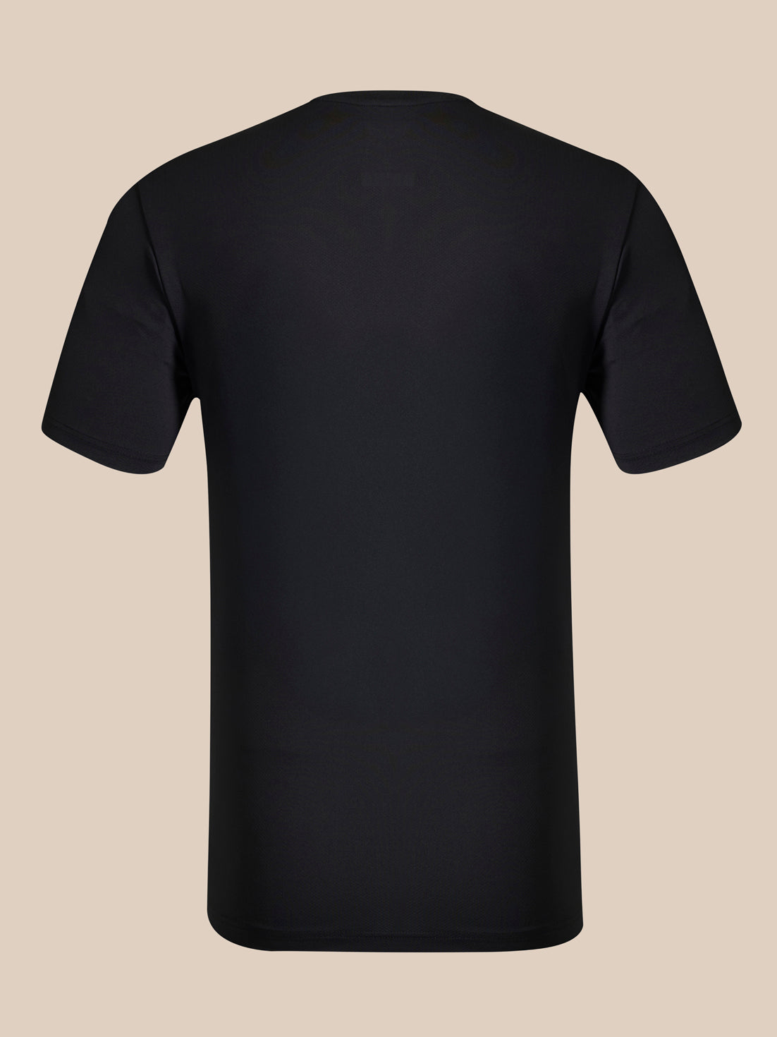 Back view of black short sleeve T shirt with crew neck and smooth fabric