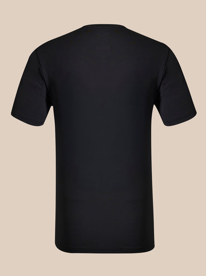Back view of black short sleeve T shirt with crew neck and smooth fabric