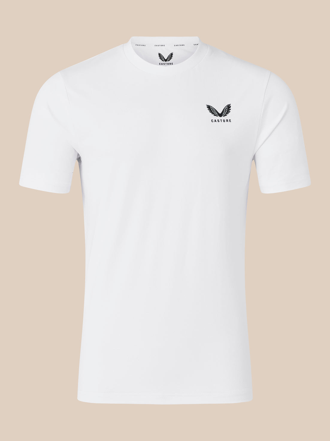 Front view of white short sleeve T shirt with crew neck and black Castore logo on left chest.