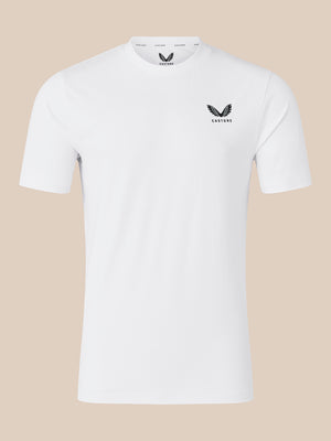 Front view of white short sleeve T shirt with crew neck and black Castore logo on left chest.