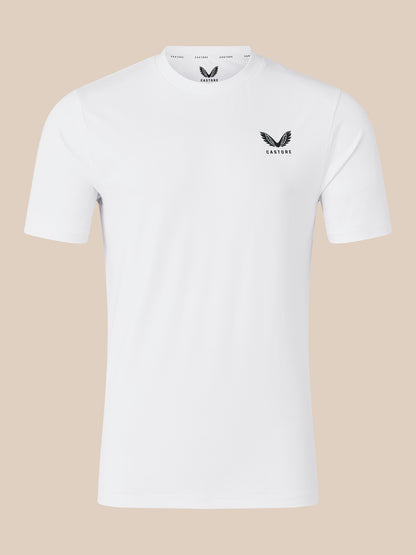 Front view of white short sleeve T shirt with crew neck and black Castore logo on left chest.