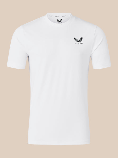 Front view of white short sleeve T shirt with crew neck and black Castore logo on left chest.