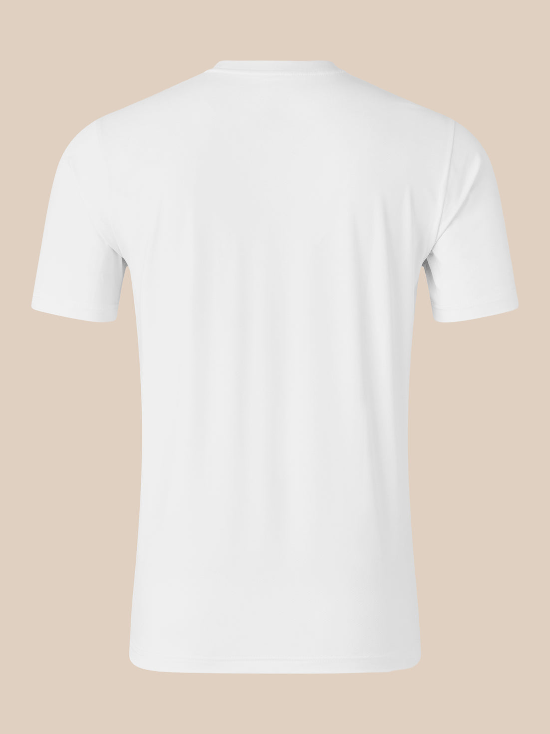 Back view of white short sleeve T shirt with crew neck on beige background.