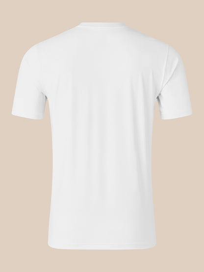 Back view of white short sleeve T shirt with crew neck on beige background.