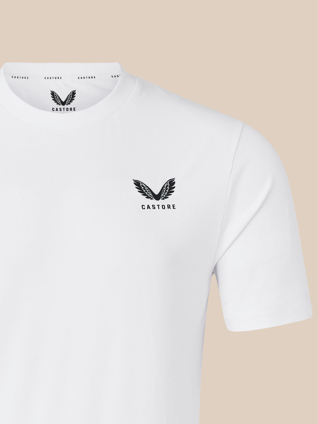 White men's short sleeve T shirt with flat heat transfer Castore wing logo on the chest
