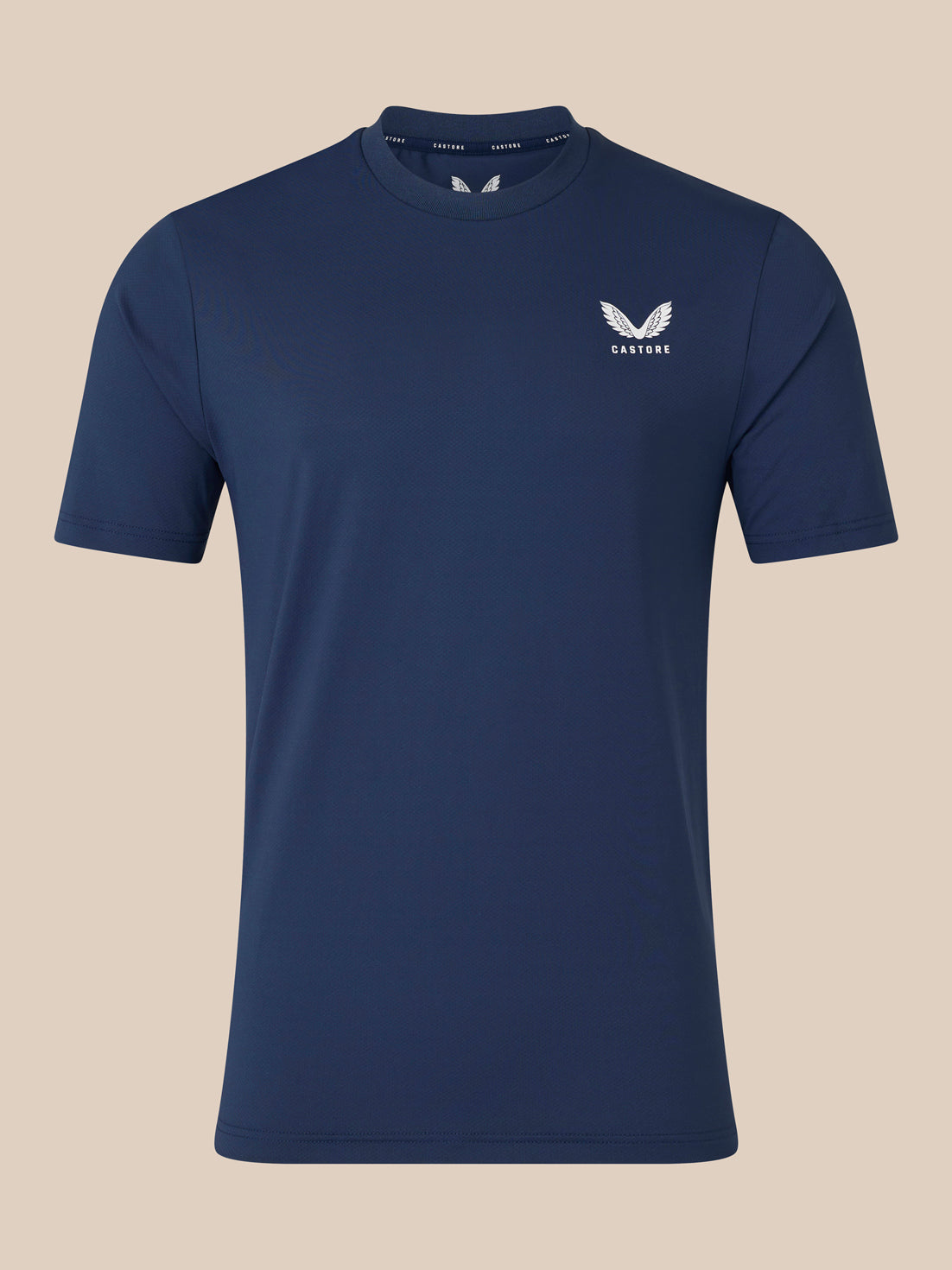 Navy short sleeve T-shirt featuring white Castore wing logo on the left chest.