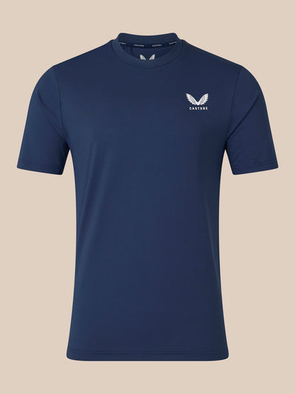 Navy short sleeve T-shirt featuring white Castore wing logo on the left chest.