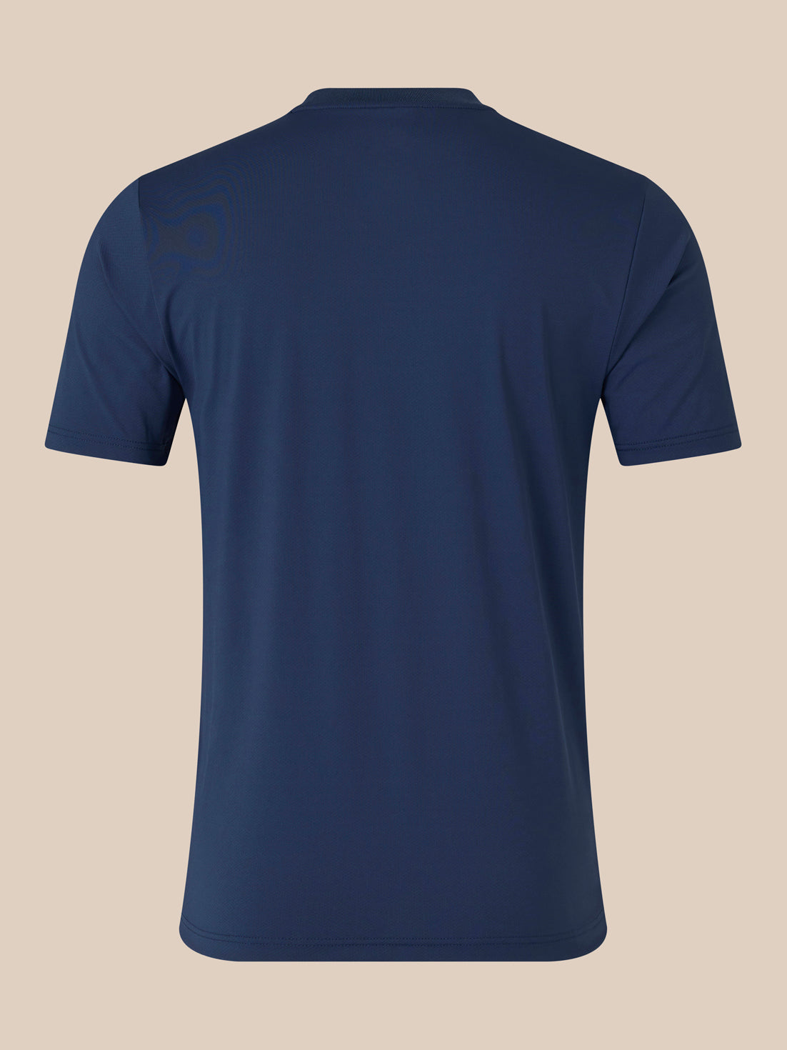 Back view of navy men's short sleeve T shirt with crew neck