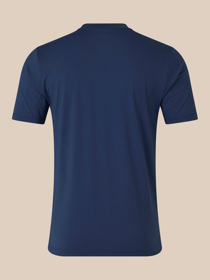 Back view of navy men's short sleeve T shirt with crew neck