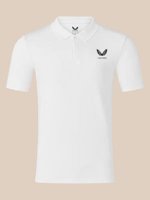 Front view of white men's short sleeve polo with left chest Castore logo and ribbed collar