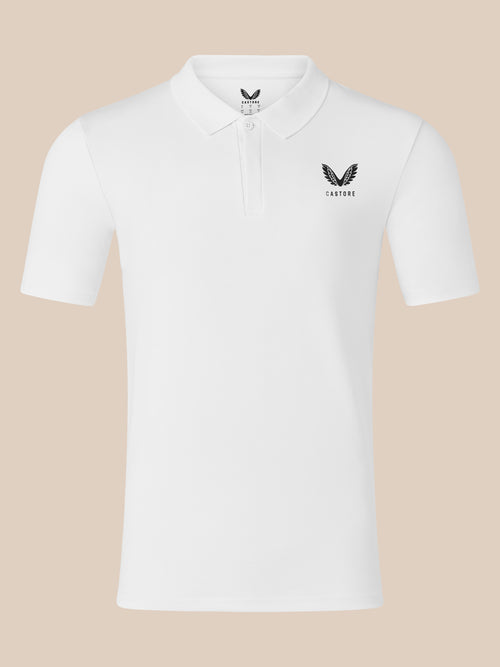 Front view of white men's short sleeve polo with left chest Castore logo and ribbed collar