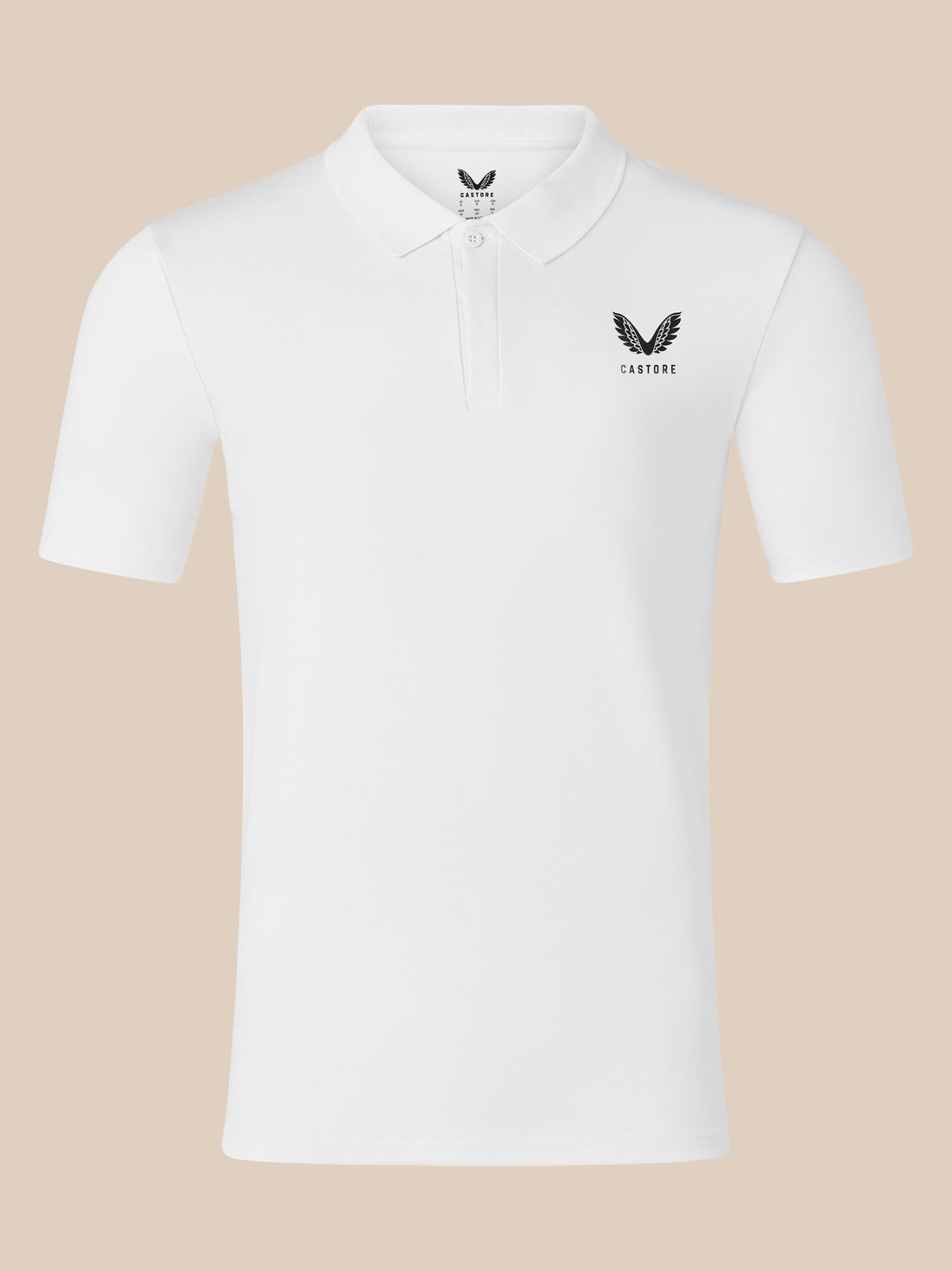 White short sleeve polo shirt front view with embroidered crest on left chest.