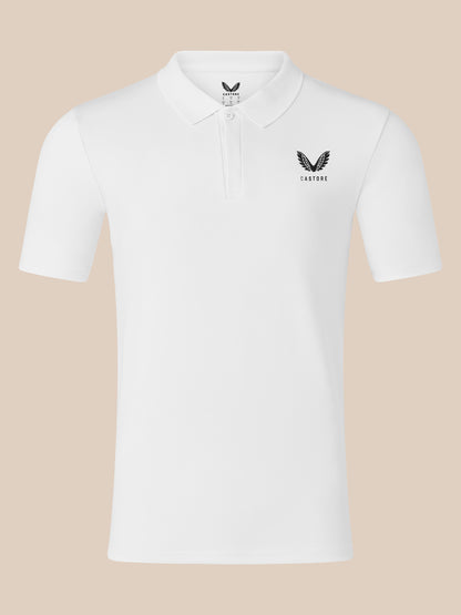 White short sleeve polo shirt front view with embroidered crest on left chest.