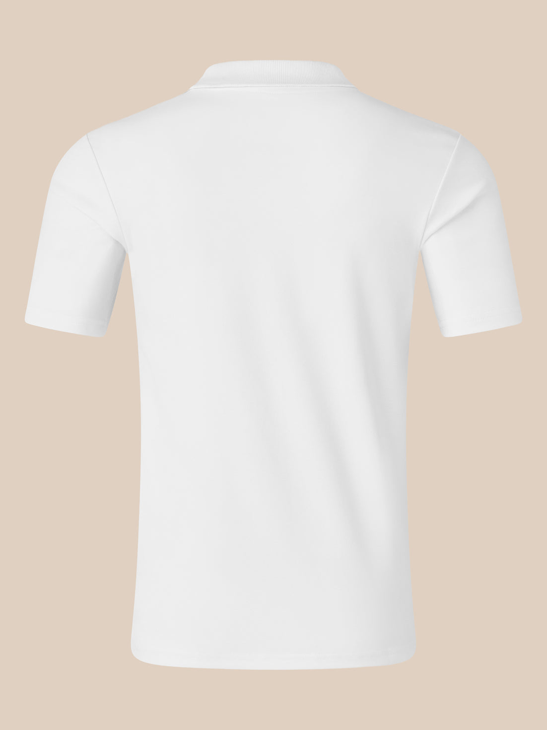 Back view of white men's short sleeve polo with collar