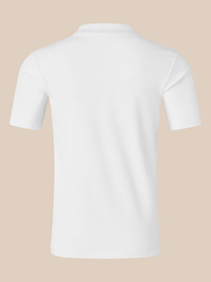 Back view of white men's short sleeve polo with collar