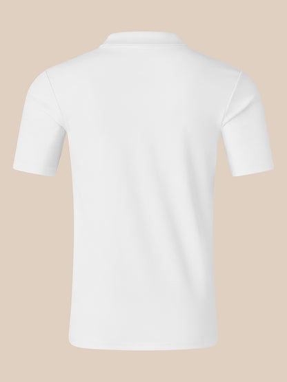 Back view of white short sleeve polo with collar.