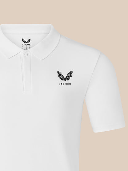 White short sleeve polo with ribbed collar and embroidered chest crest