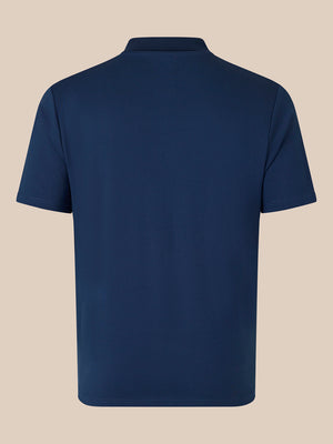 Back view of navy men's short sleeve polo shirt with a ribbed collar