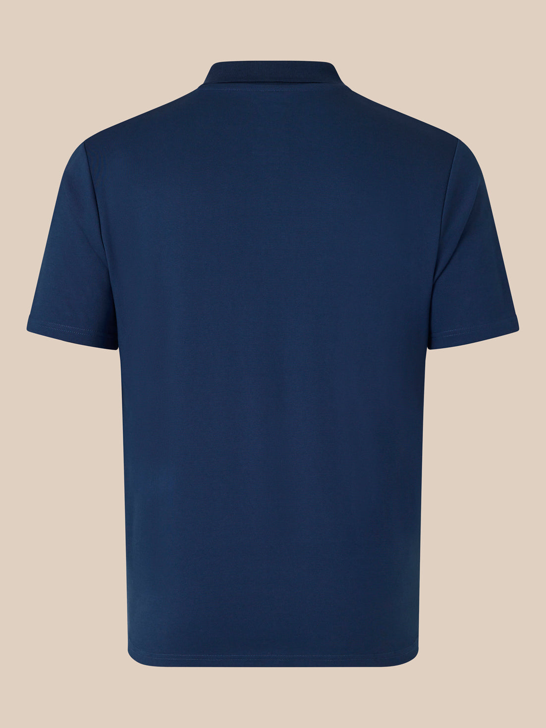 Back view of navy short sleeve men's polo shirt with smooth fabric and neat hem.