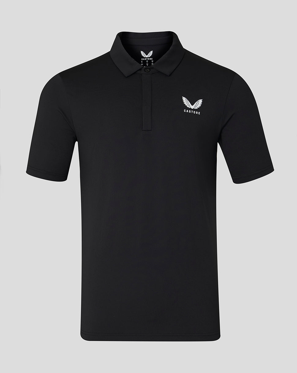 Black short sleeve polo shirt with embroidered crest on the left chest and ribbed collar