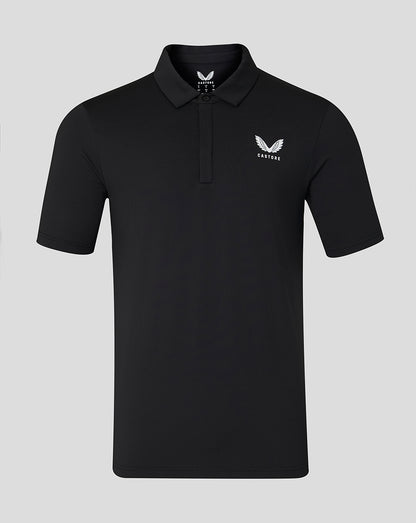 Black short sleeve polo shirt with embroidered crest on the left chest and ribbed collar