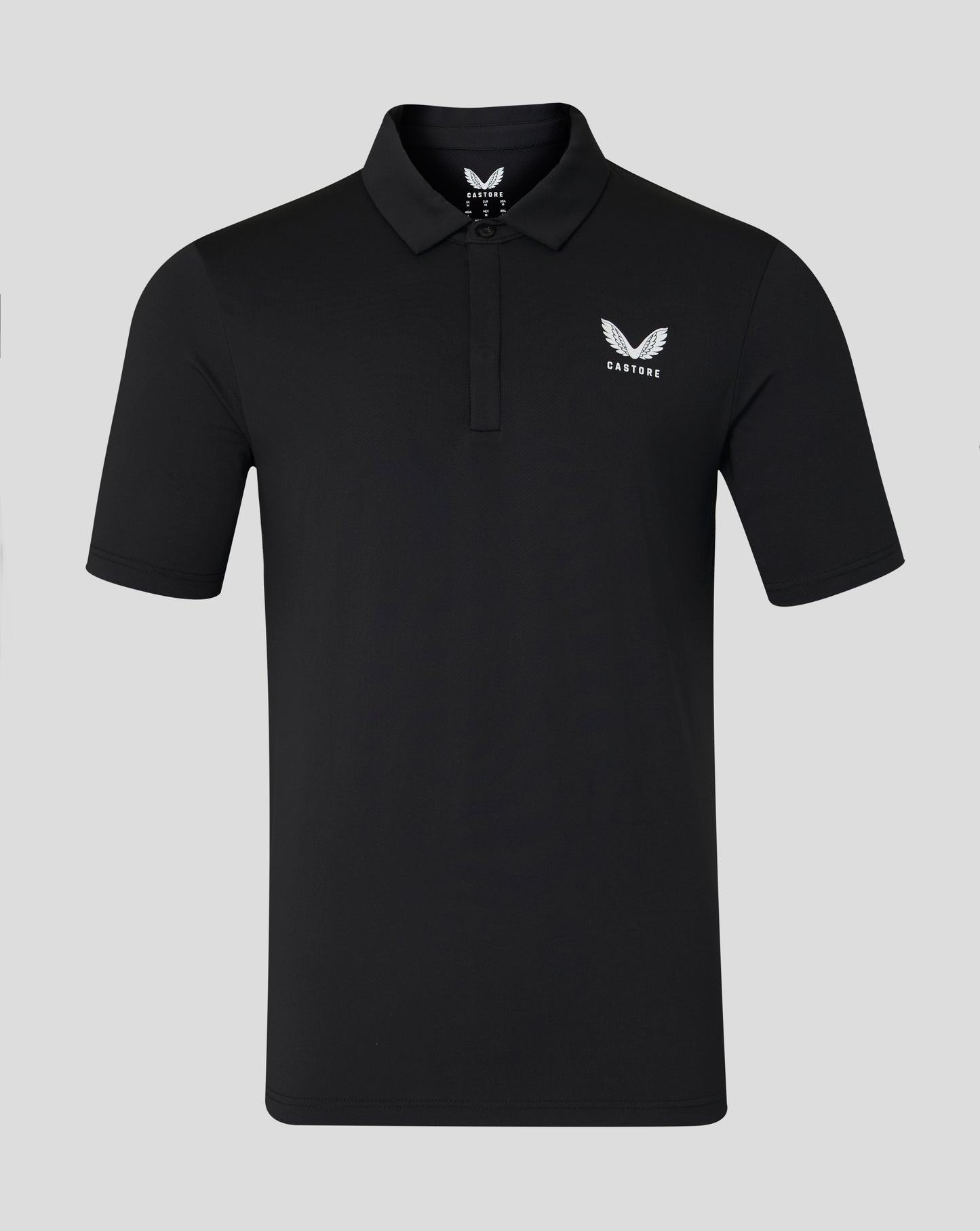 Black men's short sleeve polo with white chest logo and visible inner neck label