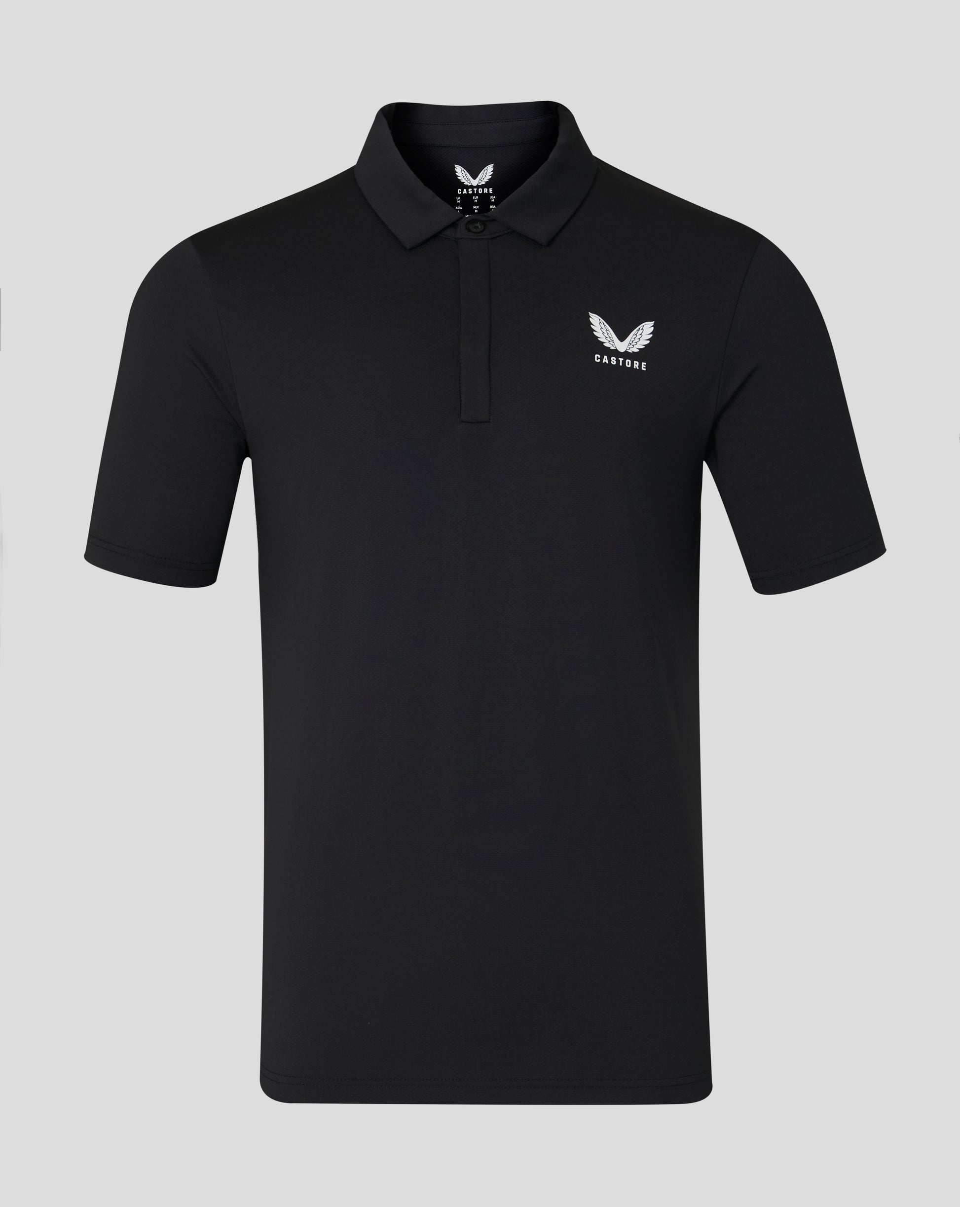 Black men's short sleeve polo with white chest logo and visible inner neck label