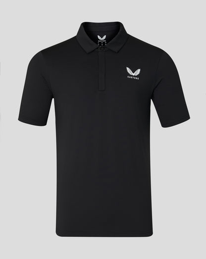 Black men's short sleeve polo with white chest logo and visible inner neck label