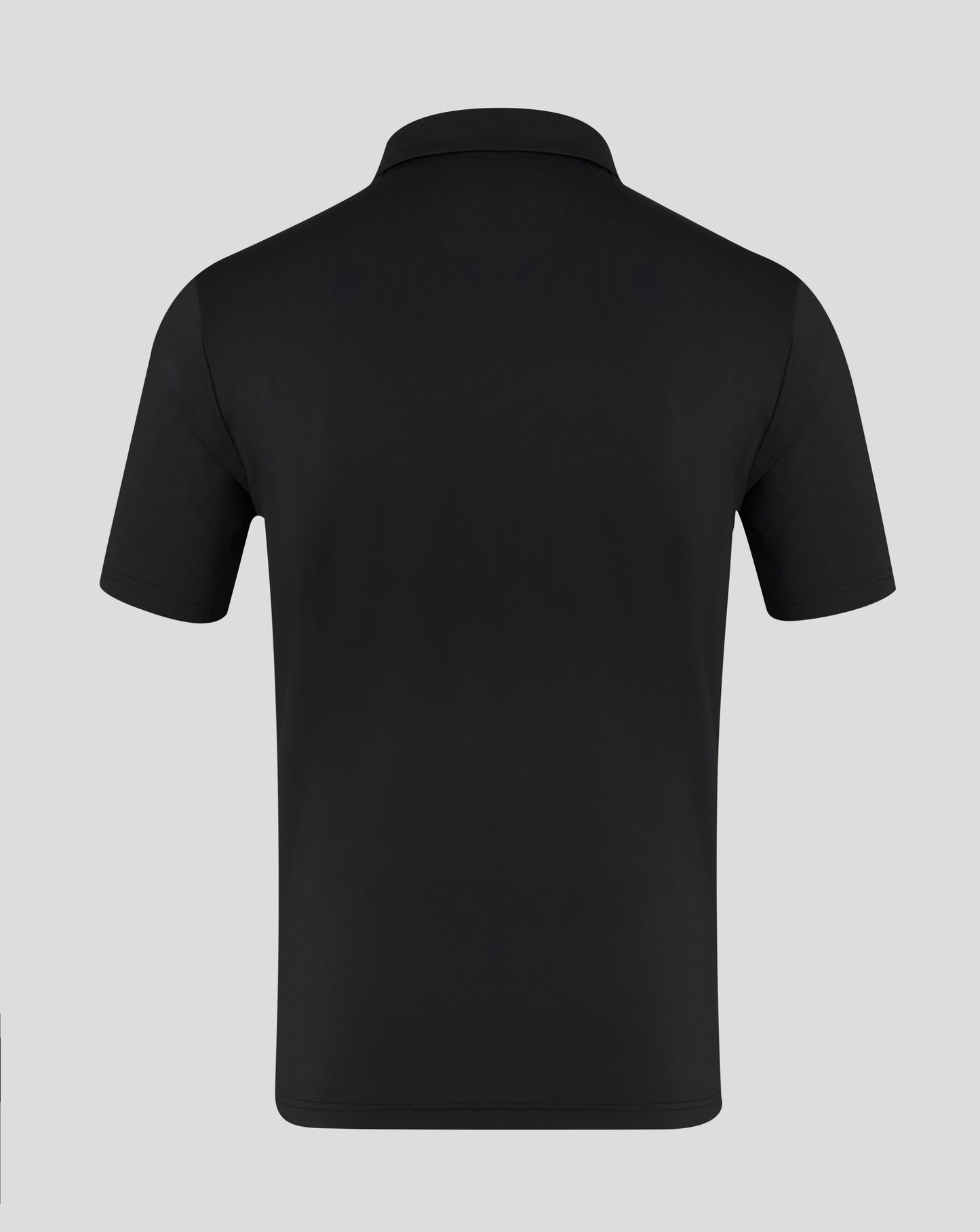 Back view of black polo shirt with clean silhouette and short sleeves