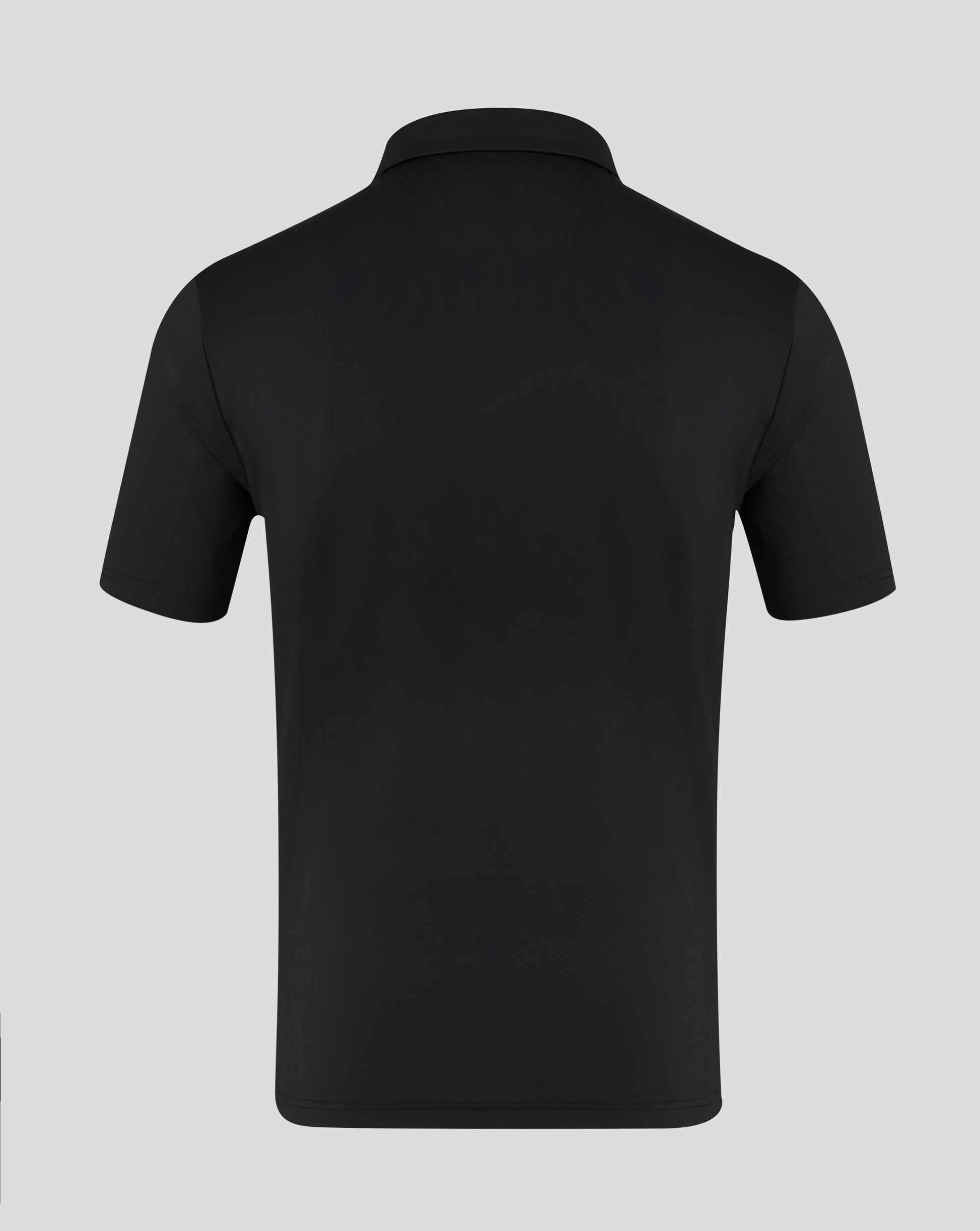 Back view of black polo shirt with clean silhouette and short sleeves