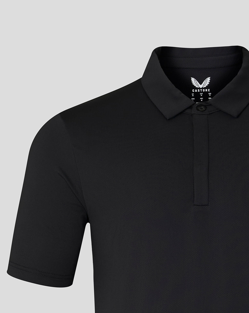 Black short sleeve polo with ribbed collar and embroidered crest on chest
