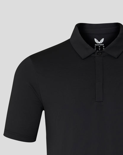 Black Castore polo with embroidered logo on left chest and button placket