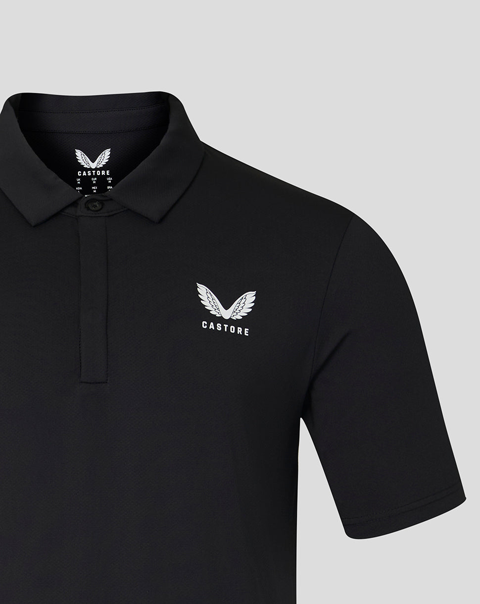 Black short sleeve polo with white embroidered crest on the chest