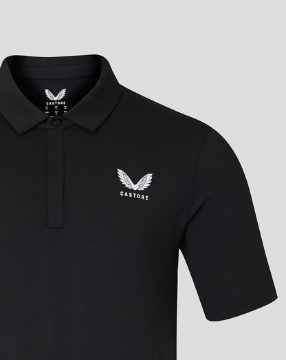 Black short sleeve polo with white embroidered crest on the chest