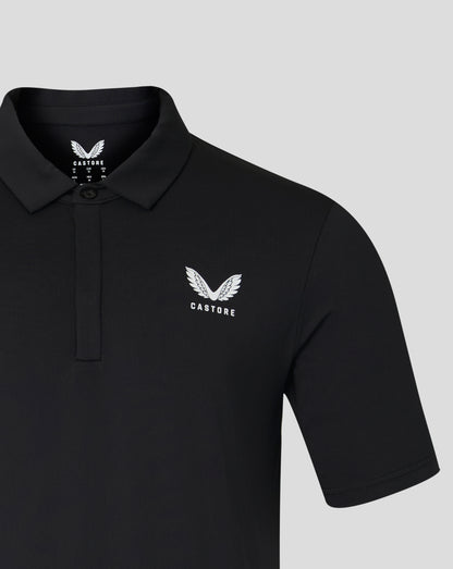 Black Castore polo close up showing ribbed collar and wing logo on chest