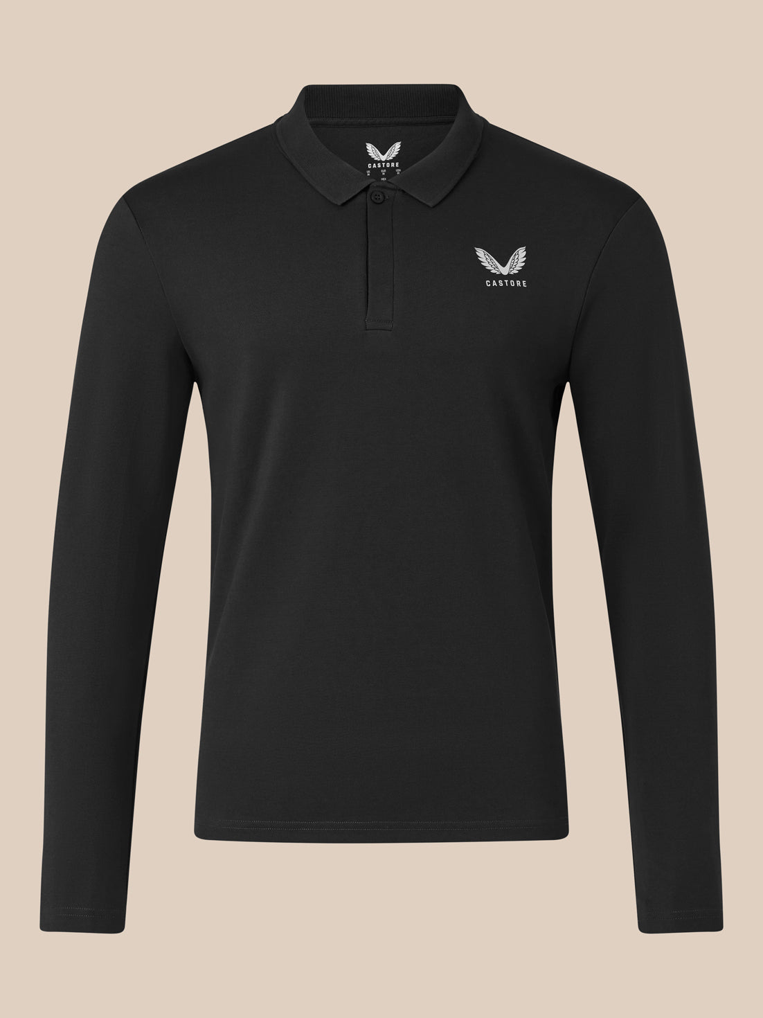 Black long sleeve polo shirt with ribbed collar and button placket and embroidered chest detail