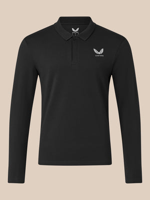 Black long sleeve polo shirt with ribbed collar and button placket and embroidered chest detail